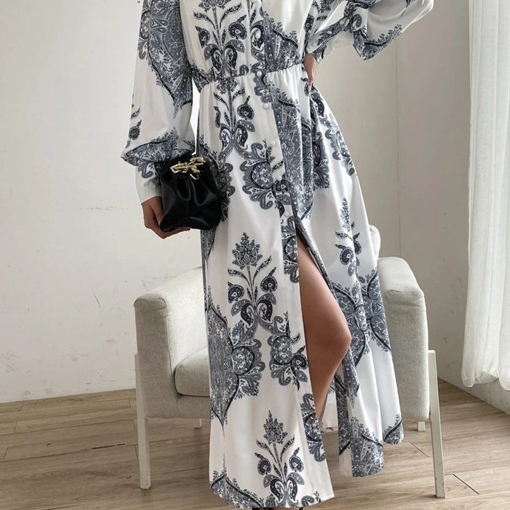 Printed Midi Dress with Lantern Sleeves