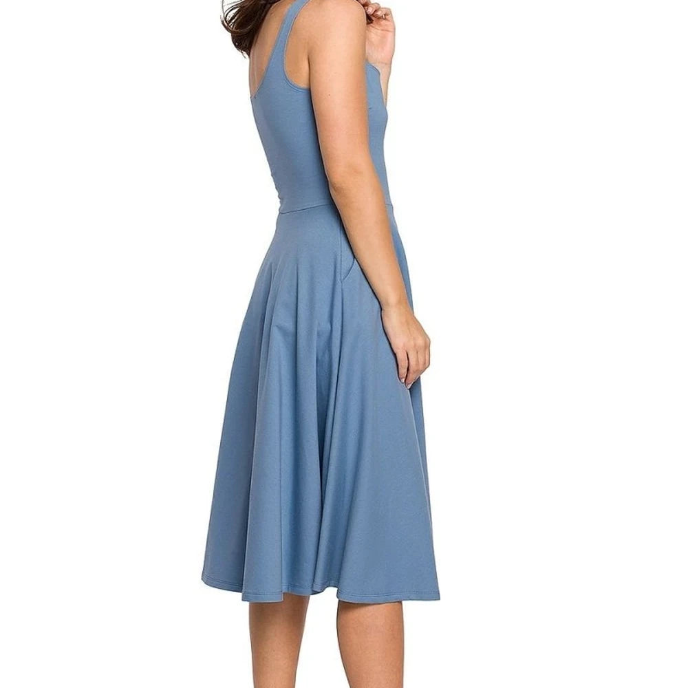 Cotton Dress Thin Straps Flared Bottom Pockets
