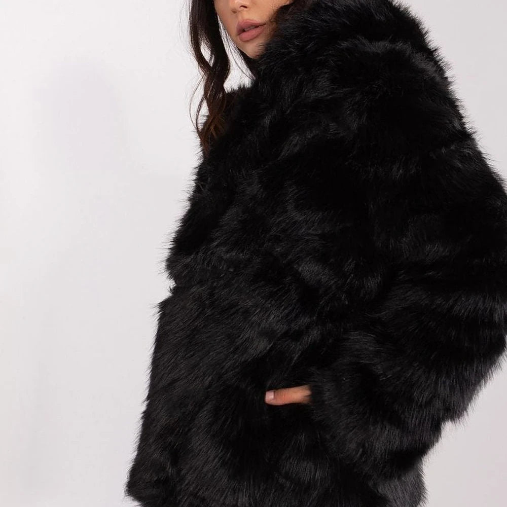 Women's Fur Hooded Jacket with Hook-and-Loop Closure