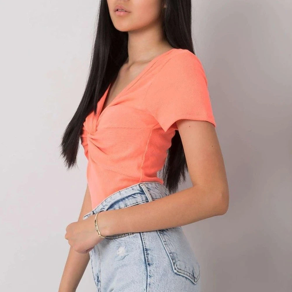 Ribbed Knot Blouse with Heart Neckline