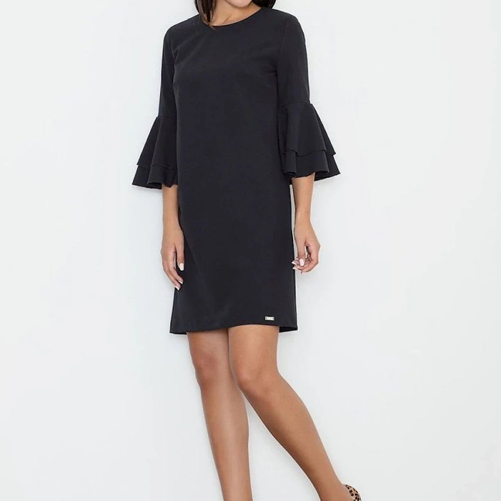 Elegant Frilled Sleeve Dress - Black