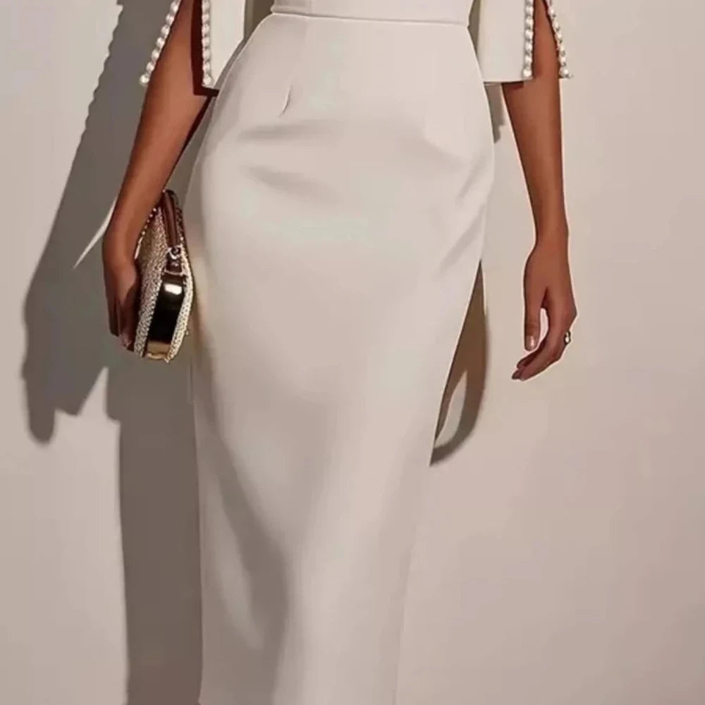 Elegant Midi Dress with Beaded Slit Sleeve