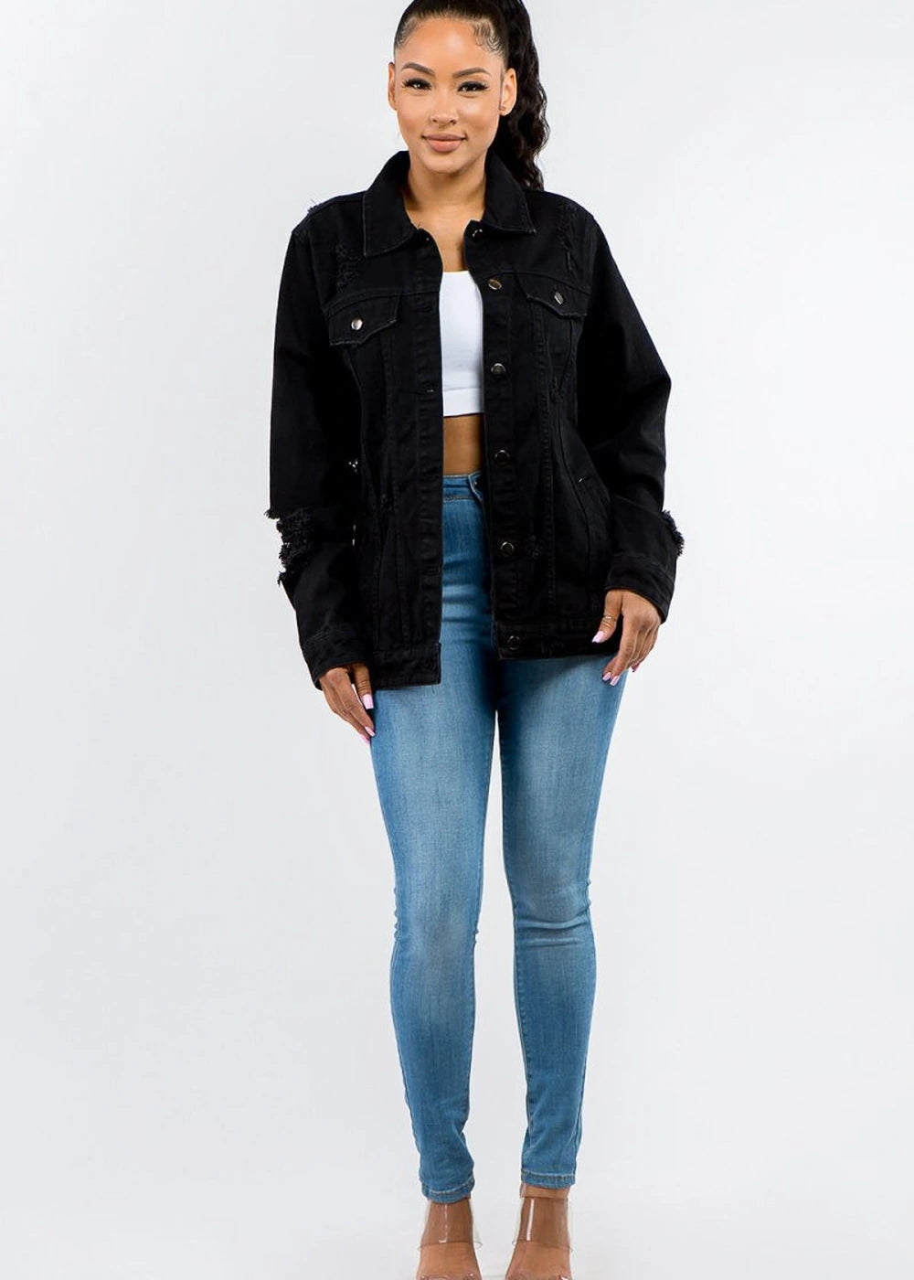 Distressed cotton blend denim jacket