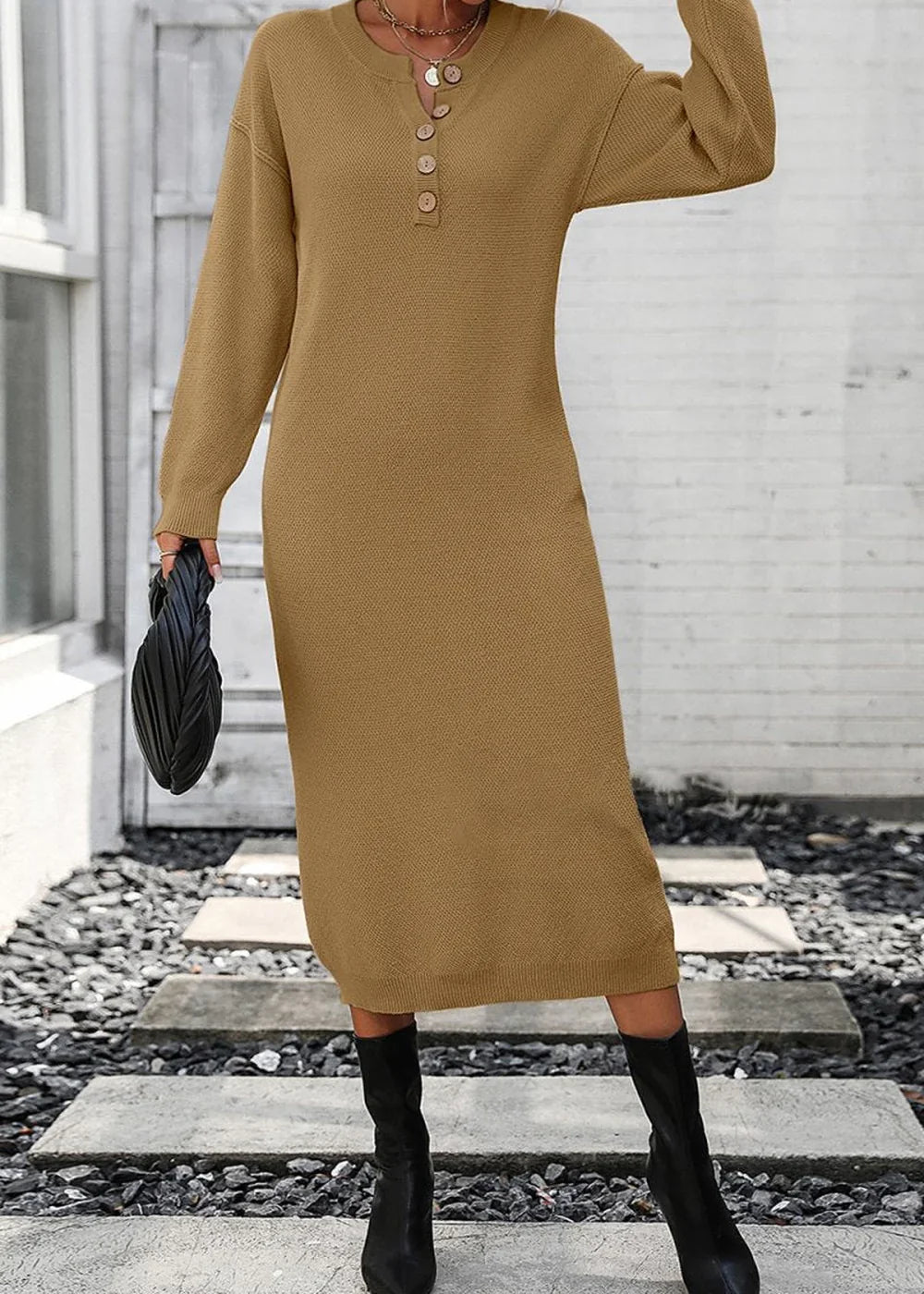 Camel knit sweater dress with buttoned neckline, long sleeves, and black boots on model.