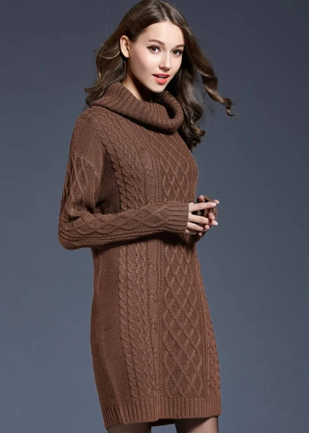 Brown cable knit turtleneck sweater dress on model