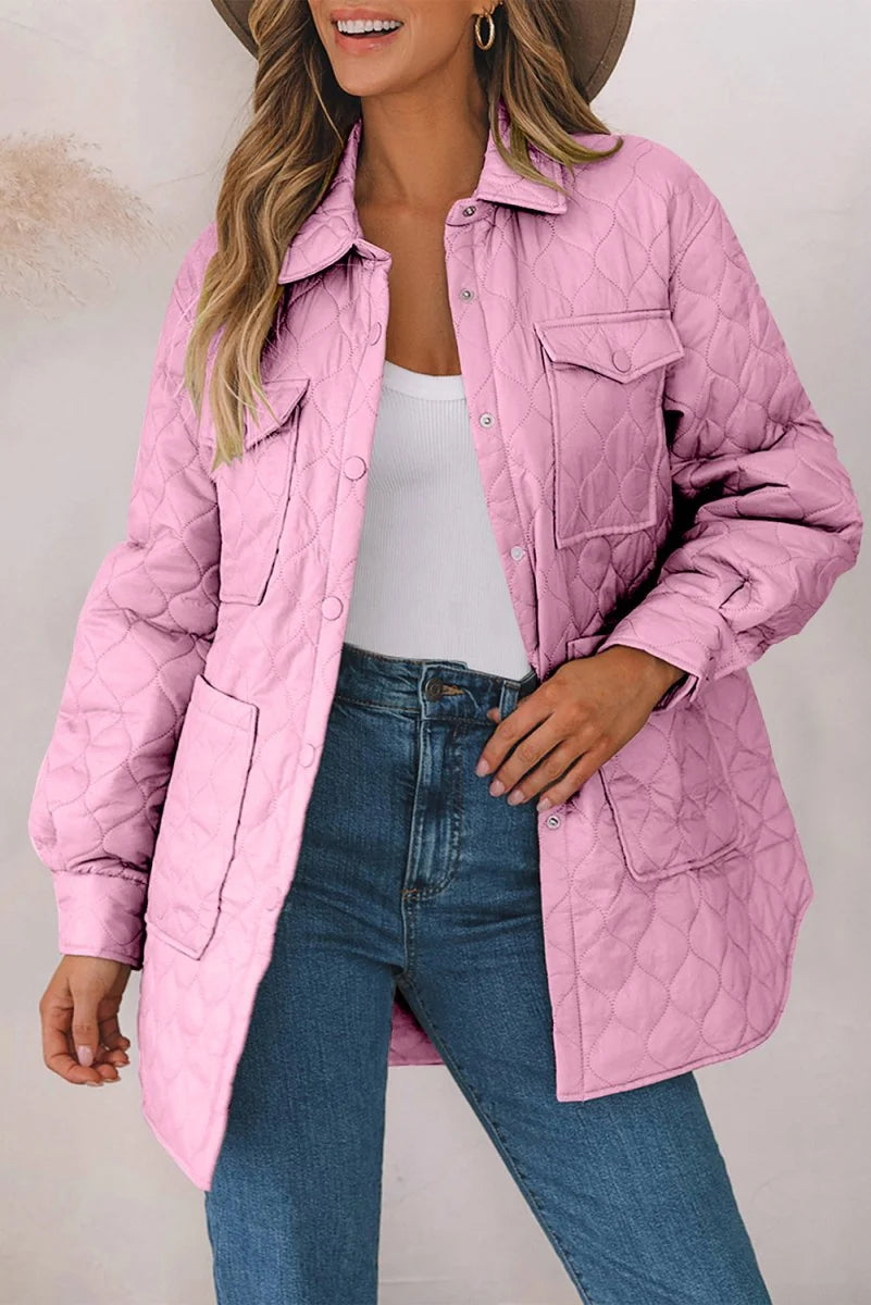 Pink quilted jacket with button front and pocket details on model.