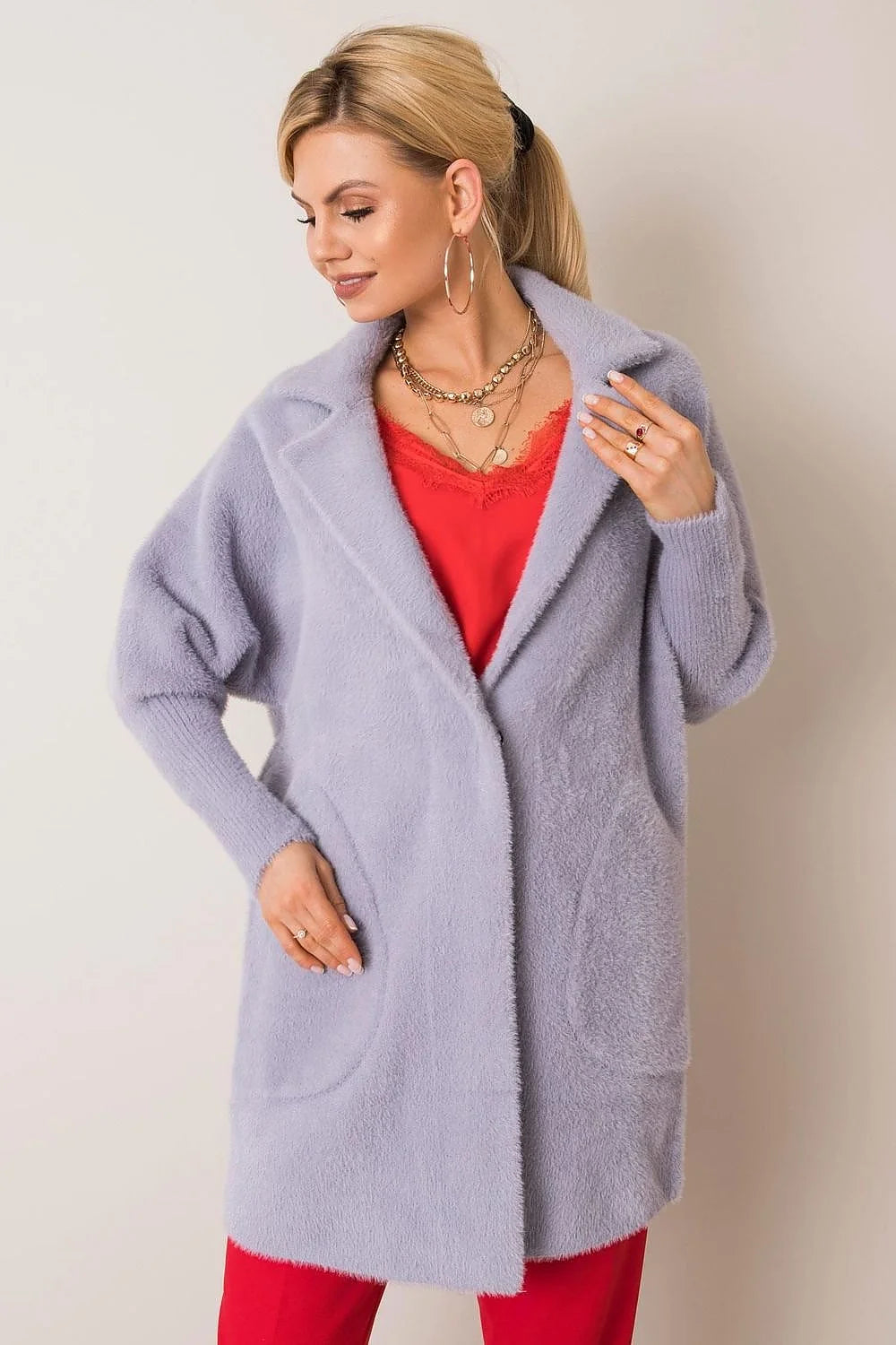 Light purple angora-blend cardigan with a soft, fuzzy texture and wide lapels, worn by a model.