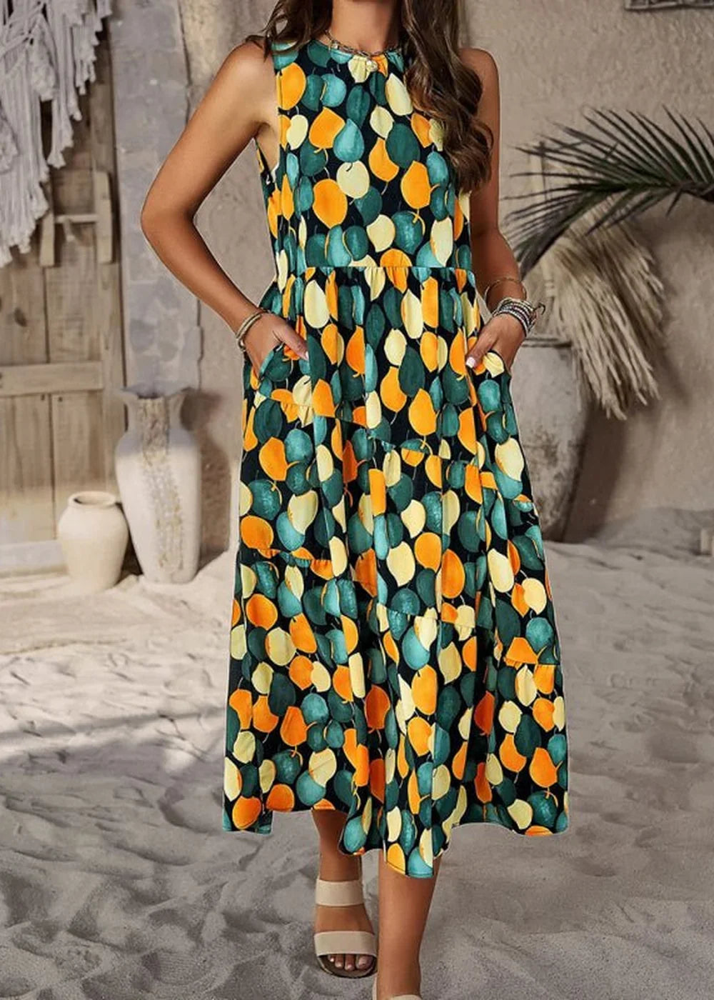Halter Neck Floral Print Midi Dress