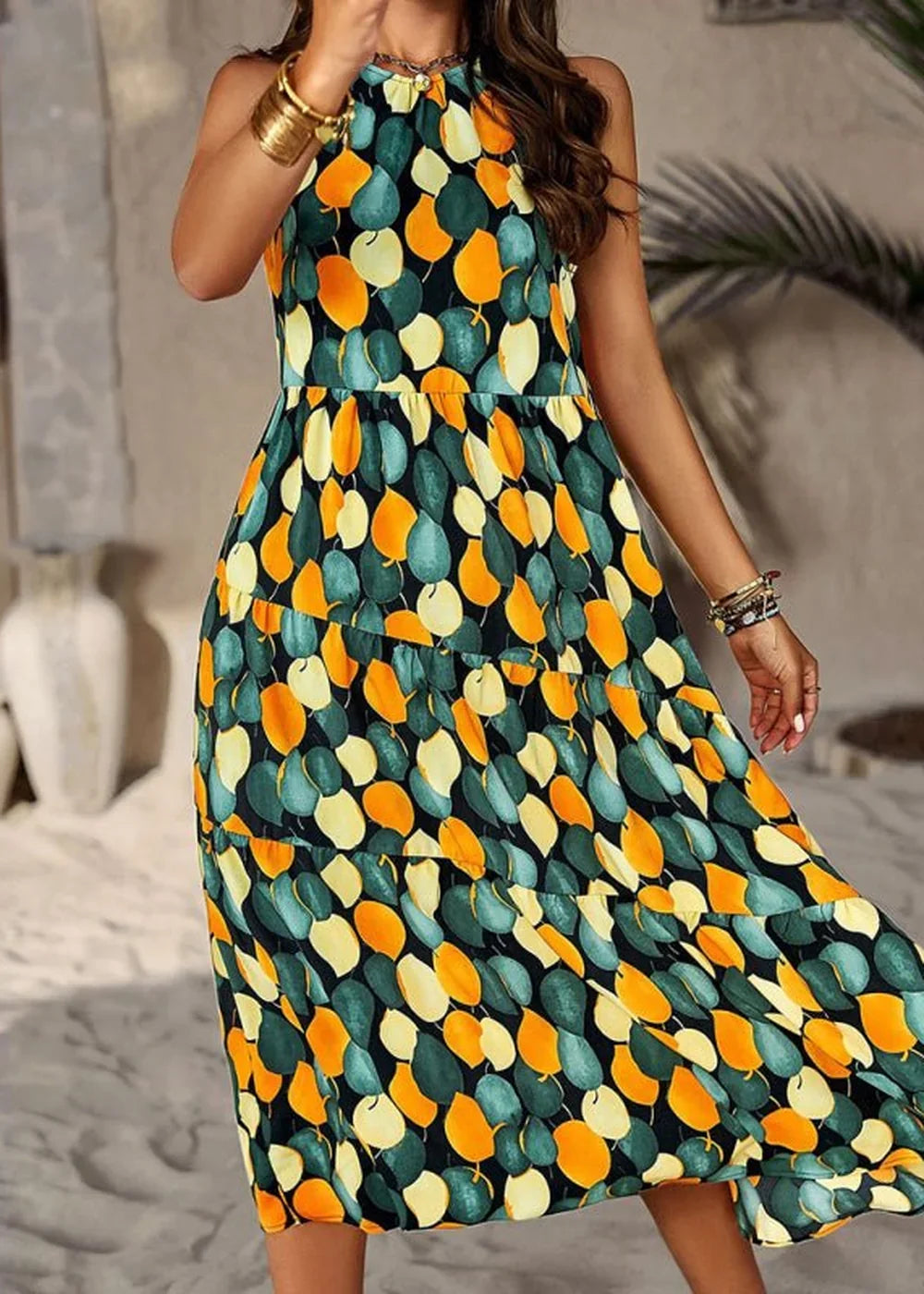 dress with a vibrant print, made from a stretchy polyester blend.