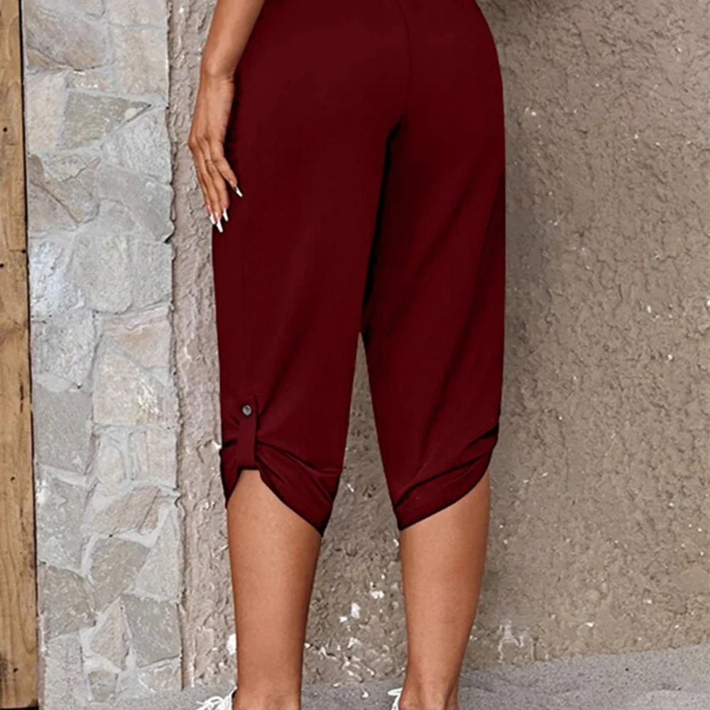 Solid Capris Pants with Roll-Tab