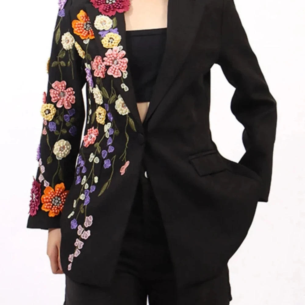 Pearl Detail Blazer with Flower Lapel