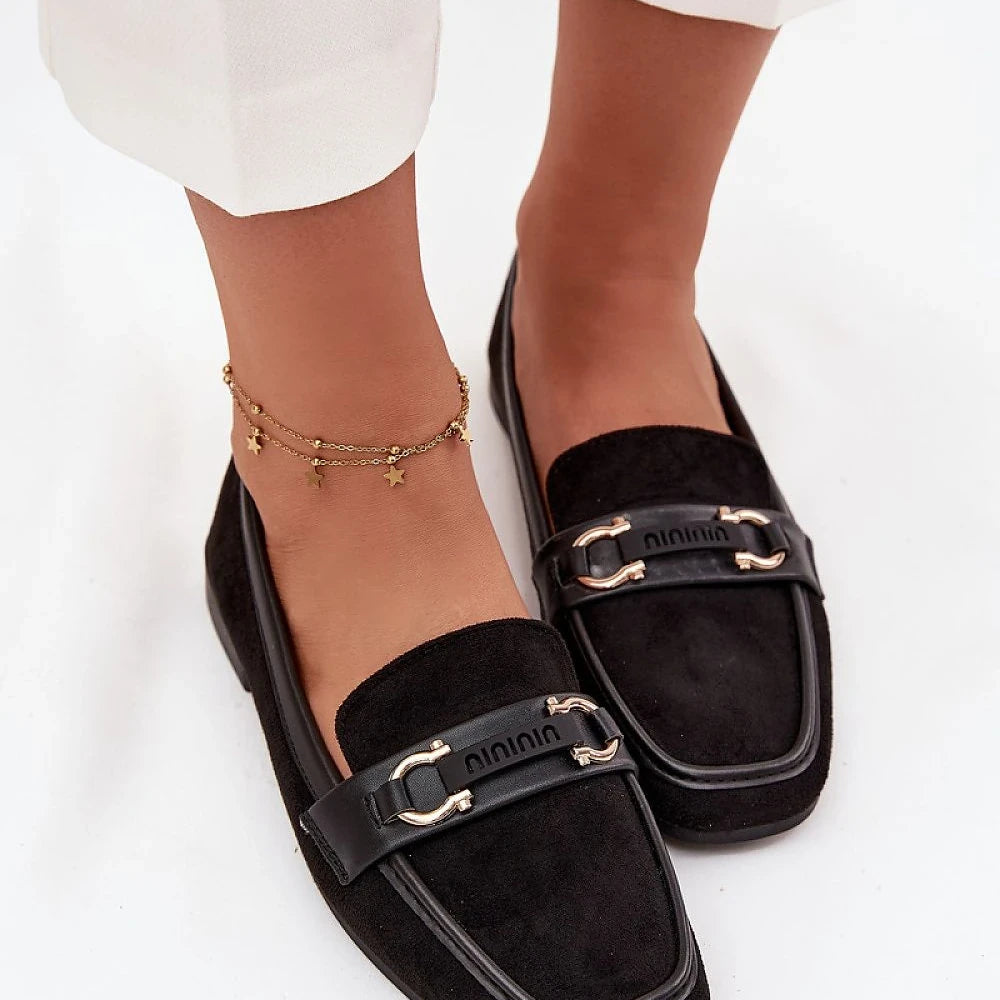 Women's Black Suede Loafers with Decorative Detail