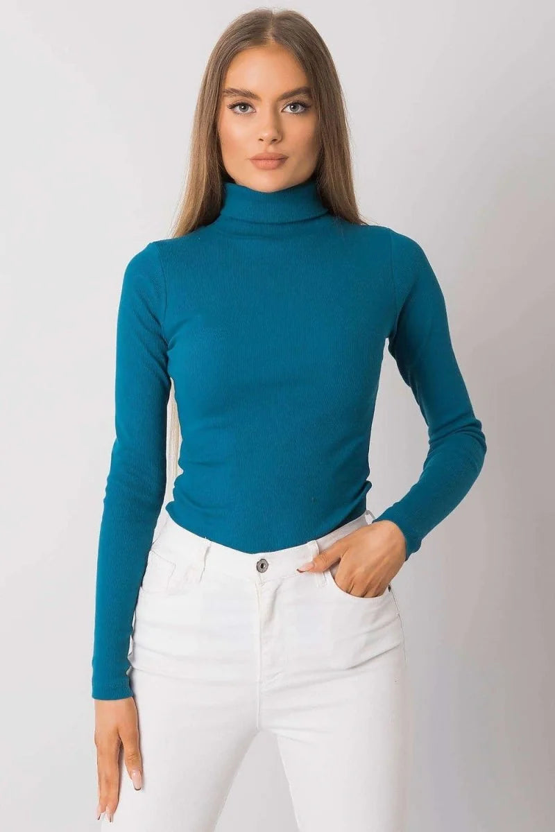 Fitted teal turtleneck long-sleeve top with ribbed texture on model.