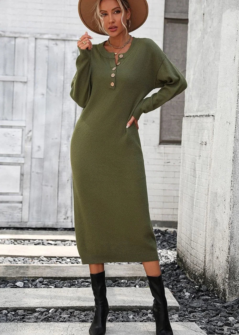 Khaki knit sweater dress with button detail, long sleeves, and black boots on a woman.