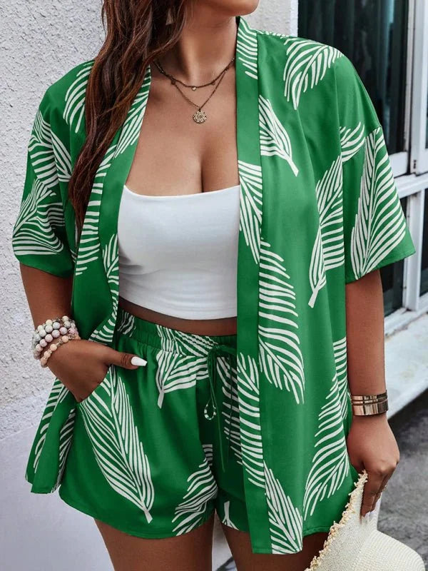 Green kimono and shorts set with white leaf print, worn by a model.