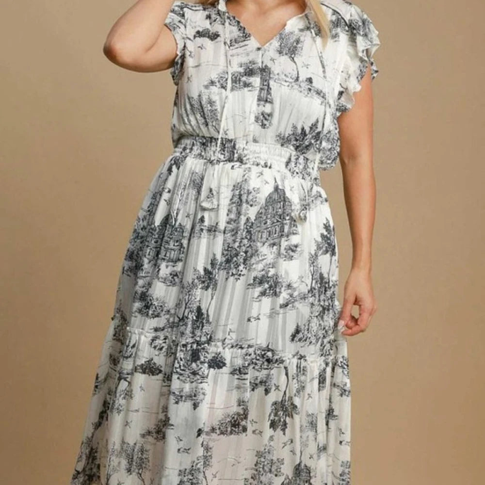 Two Tone Landscape Print Midi Dress