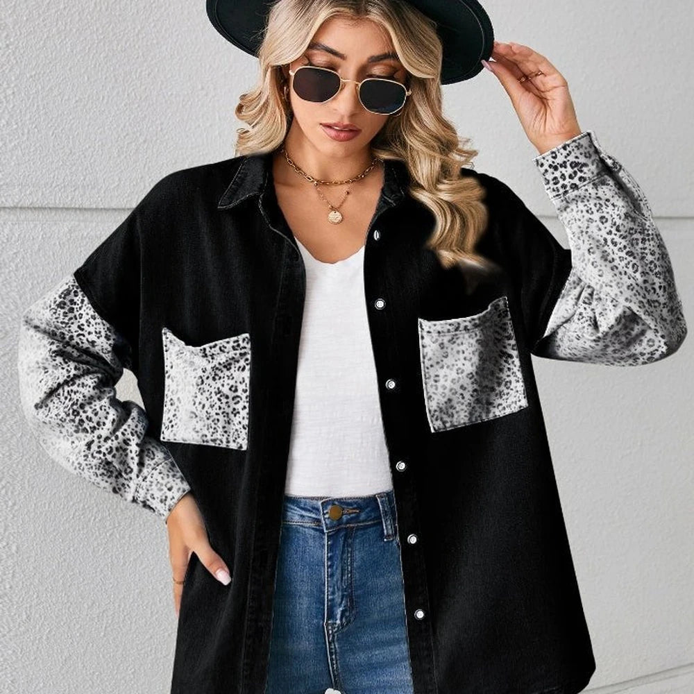 Leopard Print Button Up Denim Jacket