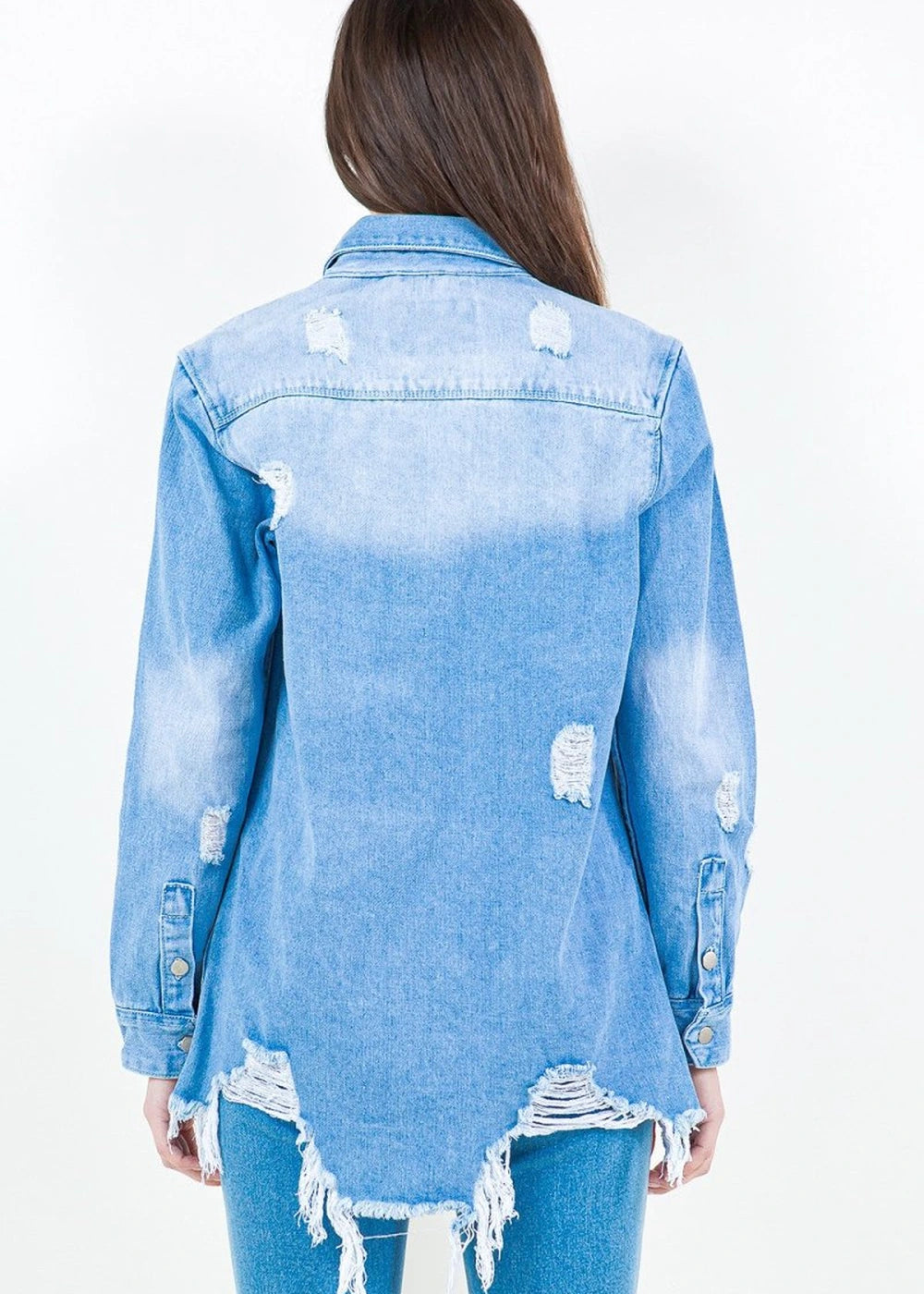 Distressed denim shirt jacket