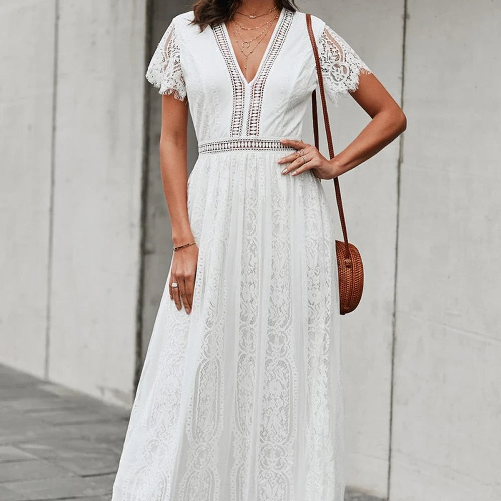 Scalloped Lace V-Neck Maxi Dress