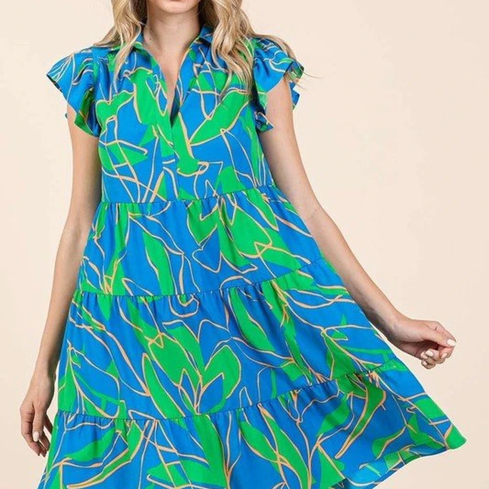 Leaf Print Ruffle Sleeve Mini Dress