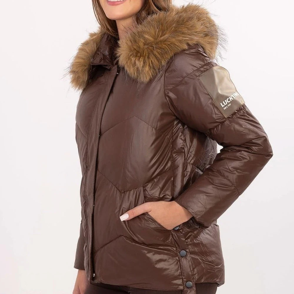Women's Quilted Down Jacket with Detachable Fur Hood