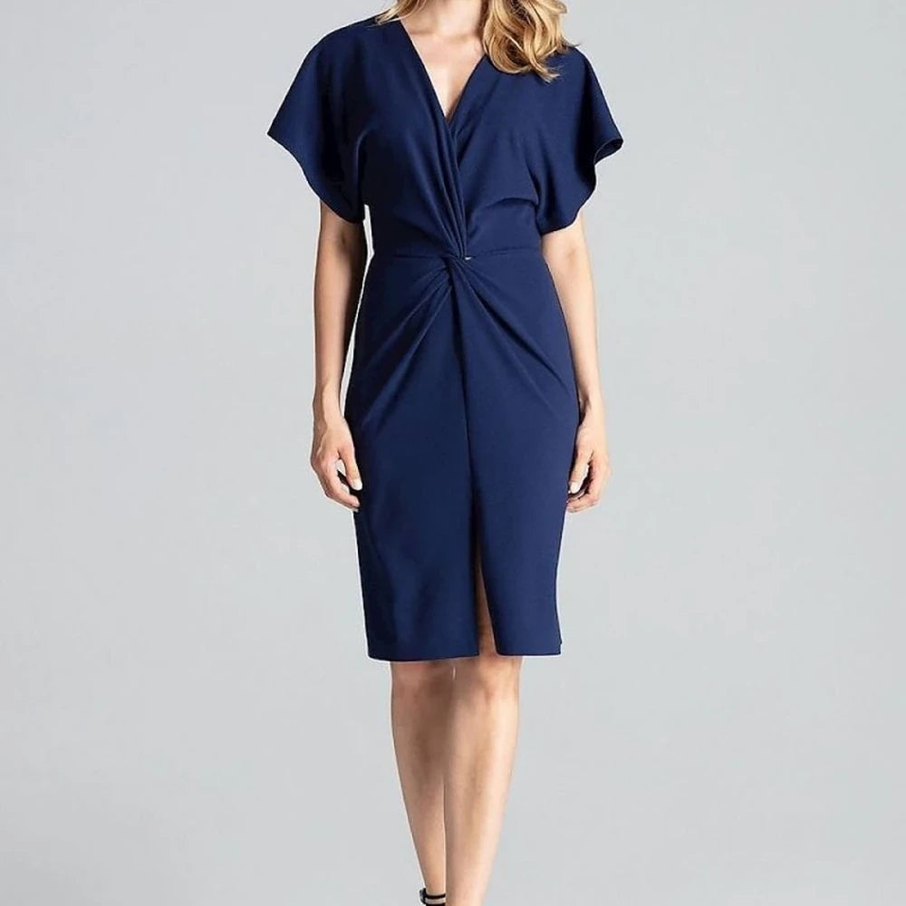 Navy Blue Midi Dress with Kimono Sleeves