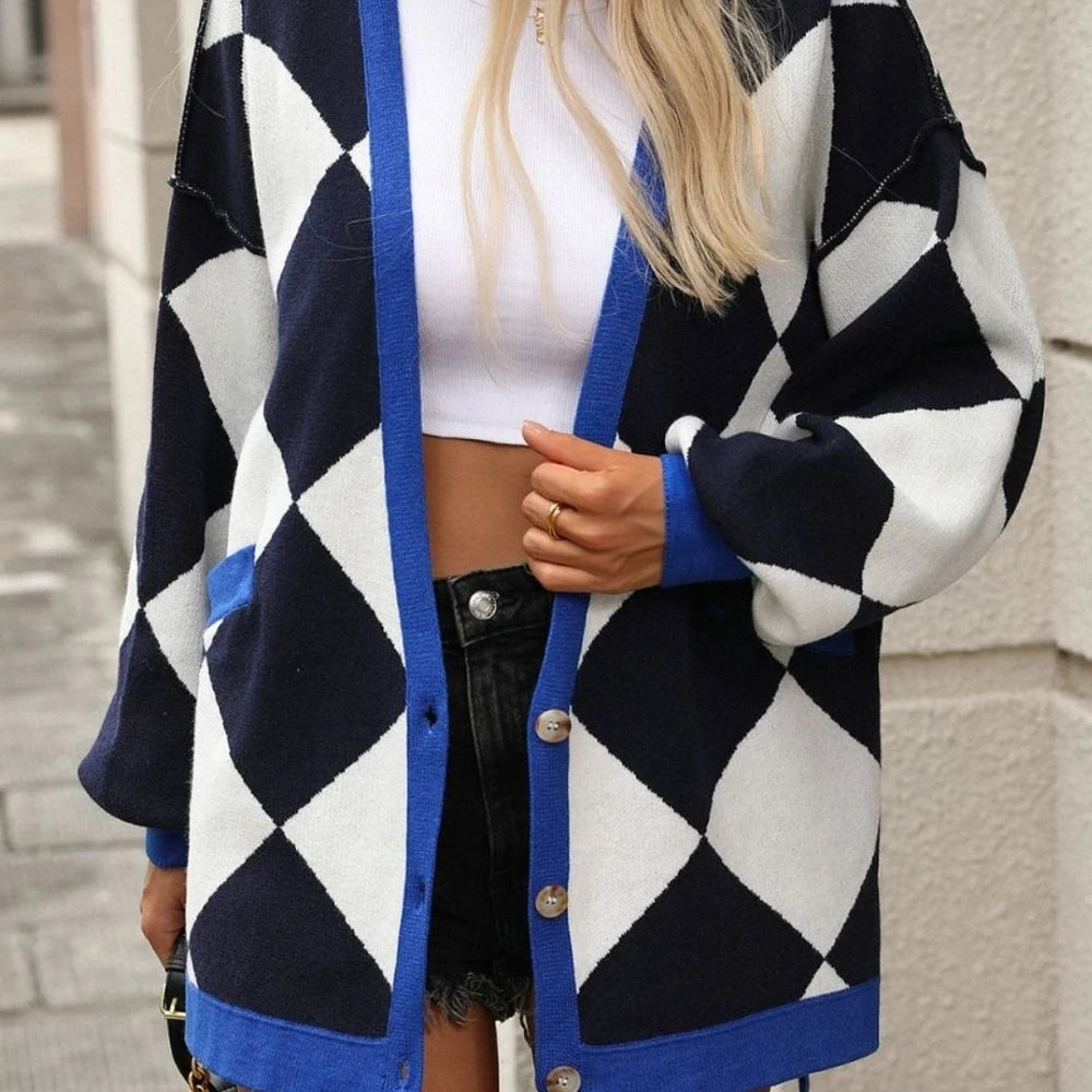 Checkered Dropped Shoulder Cardigan