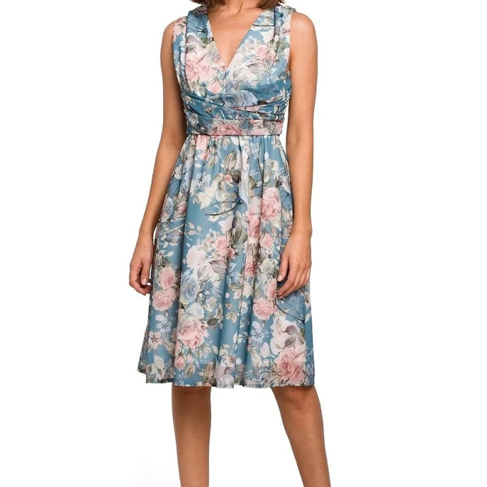 Floral Ribbed Chiffon Day Dress with Belt