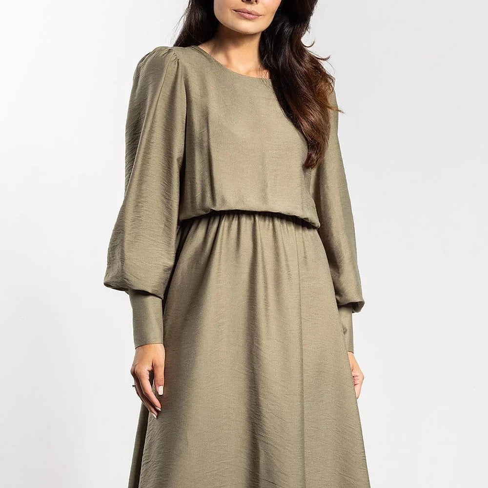 Midi Dress with Elastic Waist and Long Sleeves