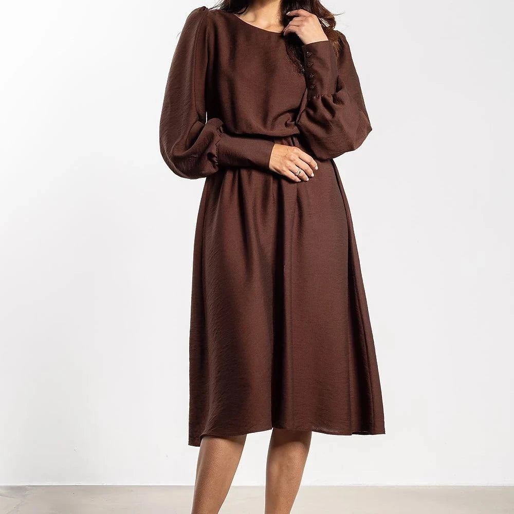 Midi Dress with Elastic Waist and Long Sleeves