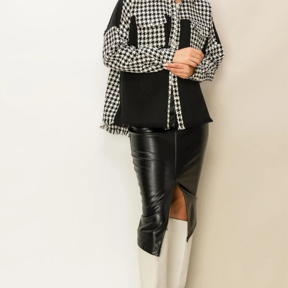 Houndstooth Contrast Raw Hem Jacket