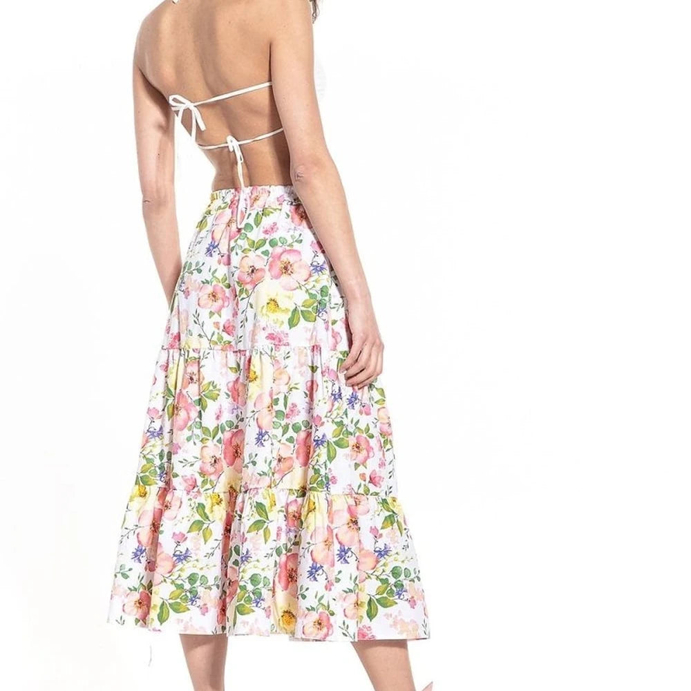 Floral Print Cotton Midi Skirt