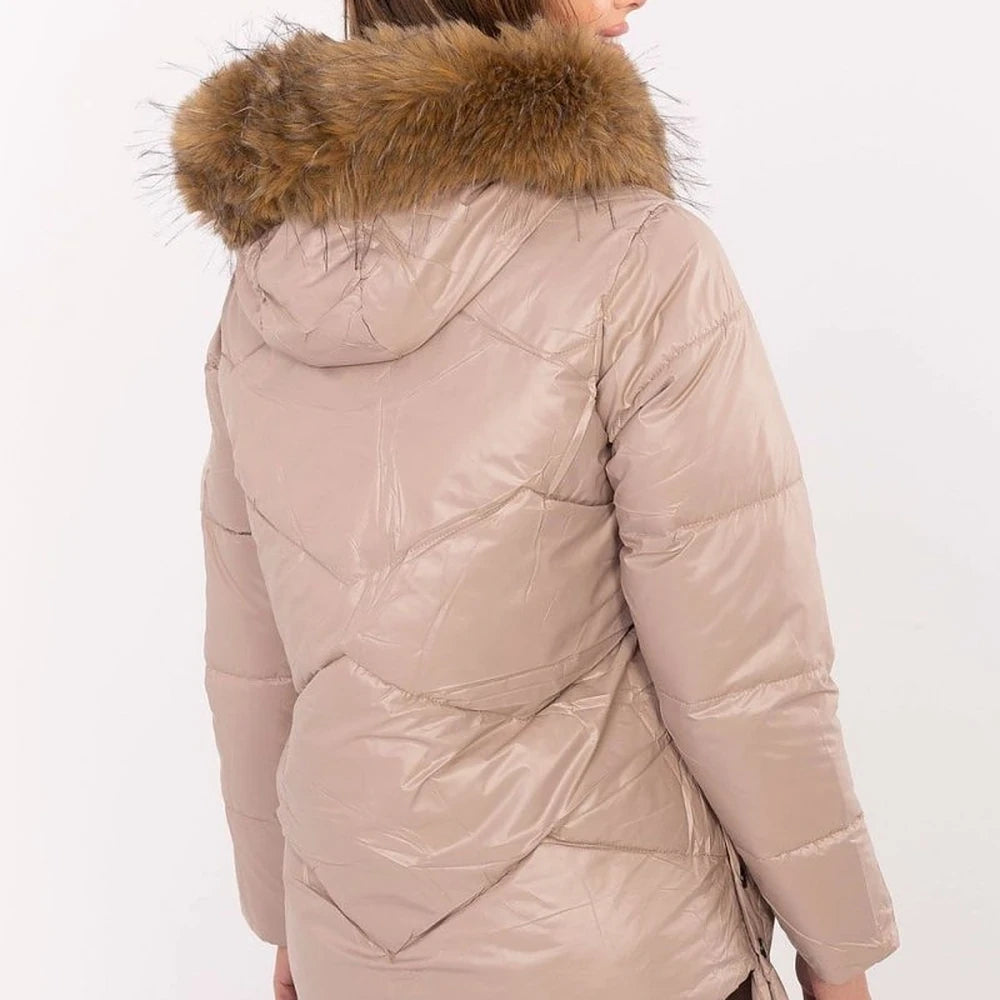 Women's Quilted Down Jacket with Detachable Fur Hood