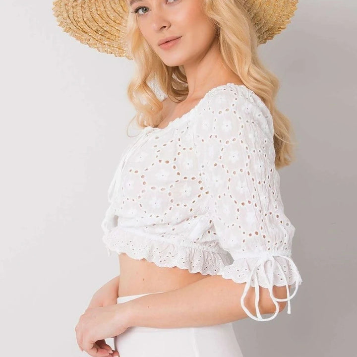 Openwork Cotton Short Sleeve Blouse