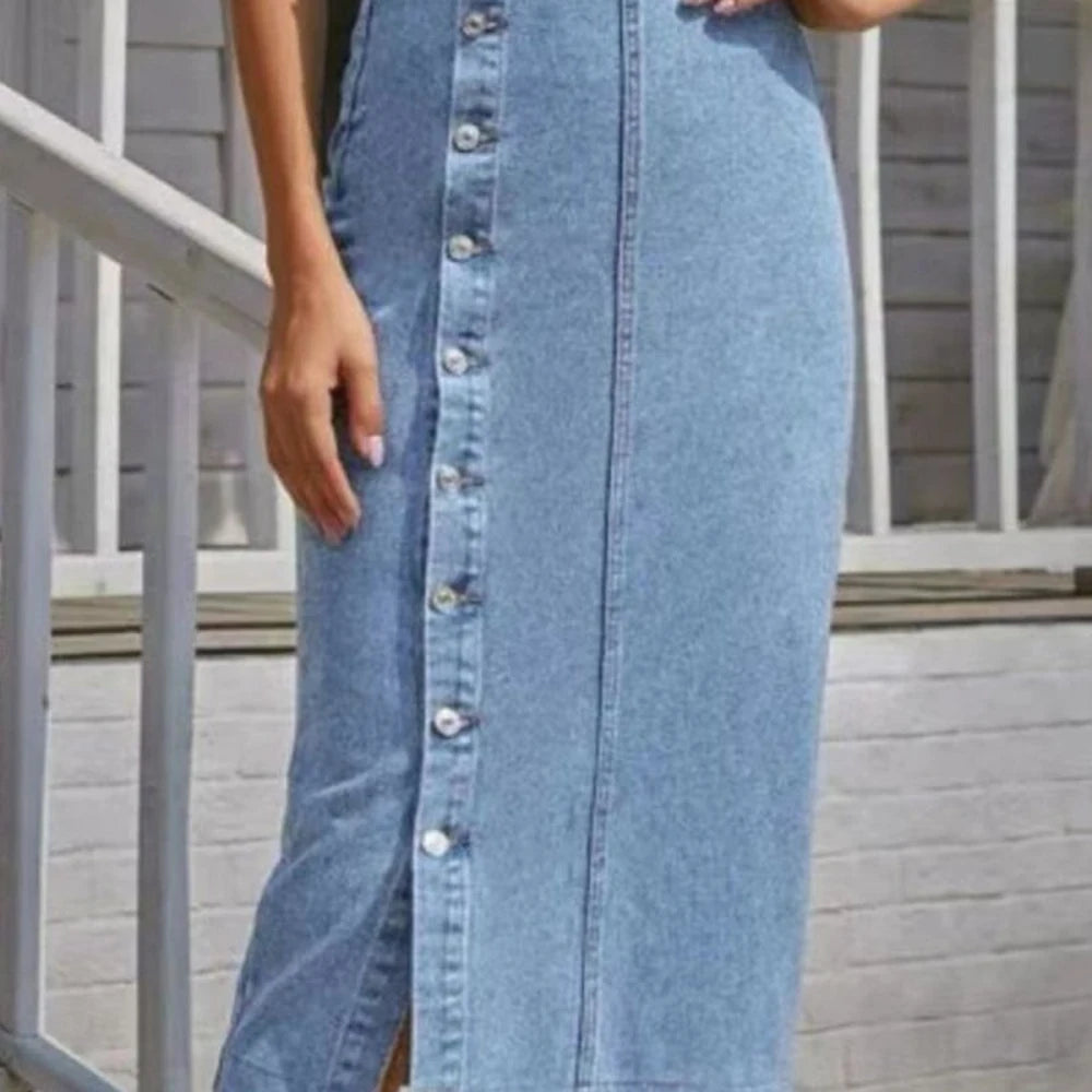 Midi Denim Skirt with Slit and Belt