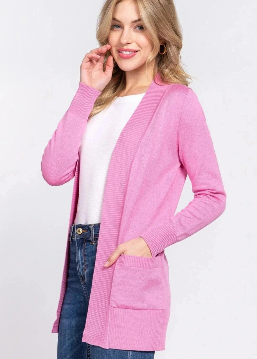 Active basic ribbed trim open front cardigan