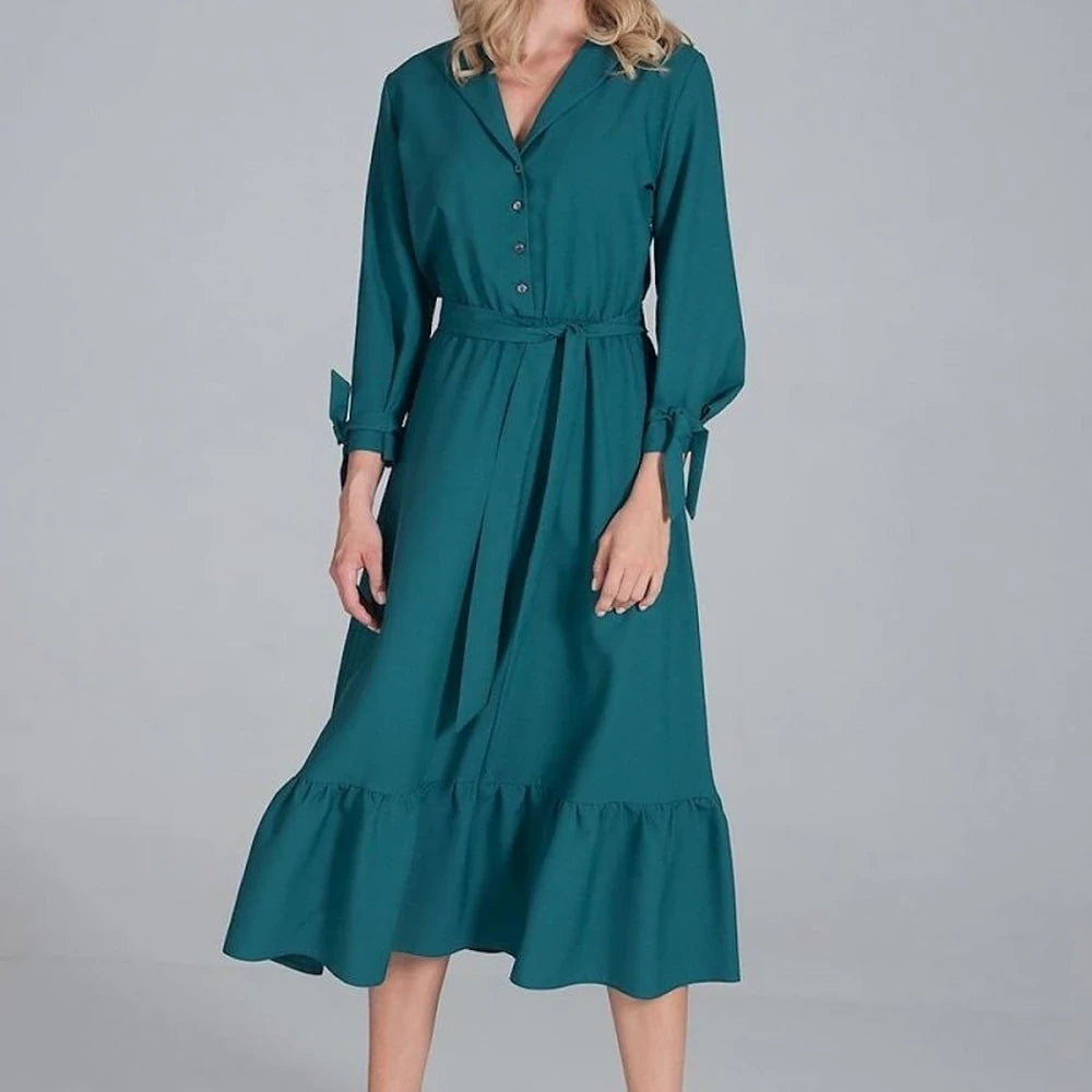 Maxi Dress Ruffle Hem V-Neck Buttoned