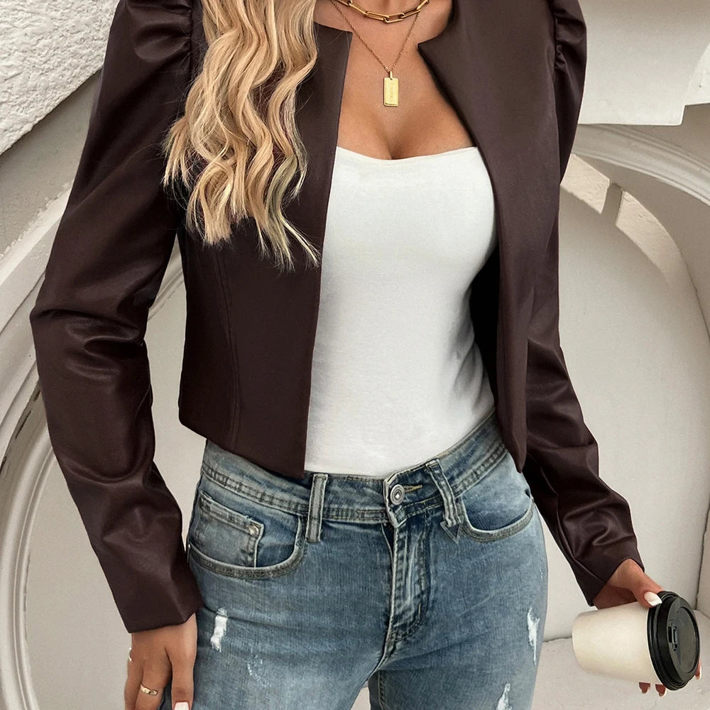 Brown Puff Sleeve Jacket with Ruched Detail