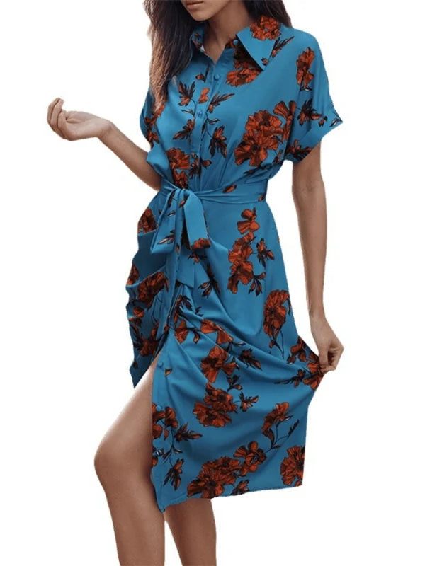 Blue floral print shirt dress with tie waist and thigh-high slit on model.
