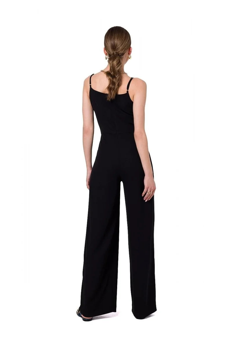 Black sleeveless wide-leg jumpsuit with spaghetti straps, shown from the back.
