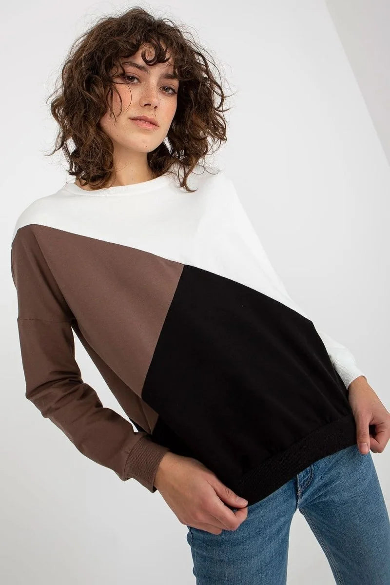 Brown three-color sweatshirt with round neckline