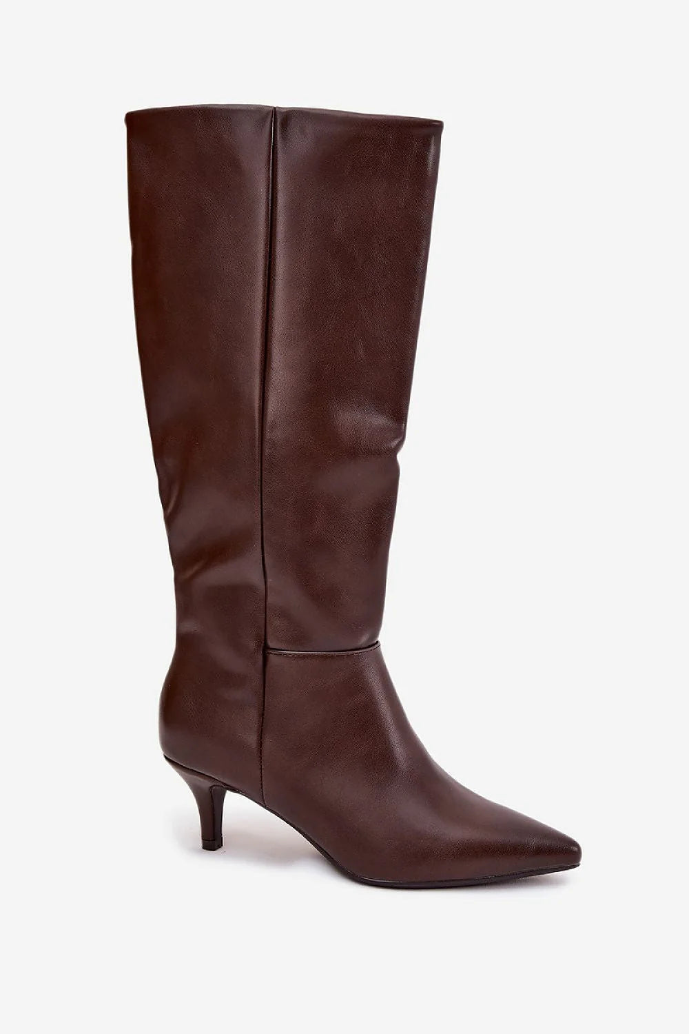 Brown faux leather knee-high boots with pointed toe and kitten heel.