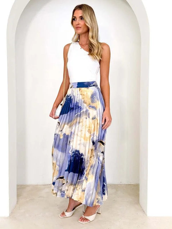 Green printed A-line pleated skirt