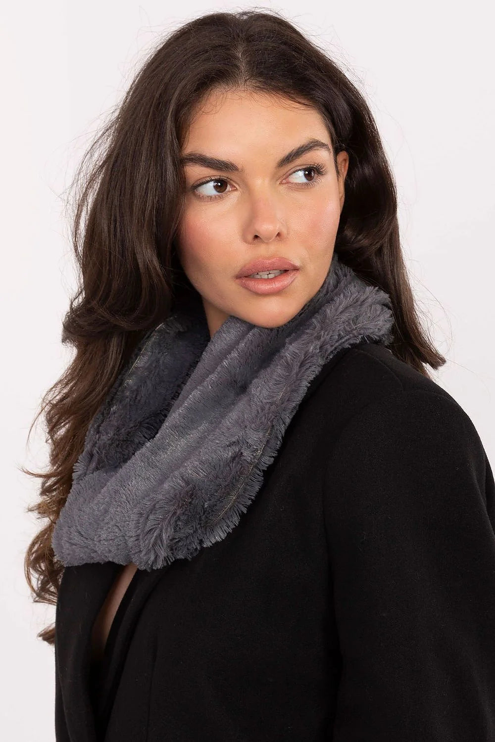 Close-up of soft grey fur scarf texture
