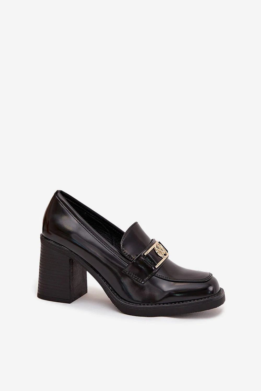 Black patent leather loafer with a chunky block heel and gold buckle detail.