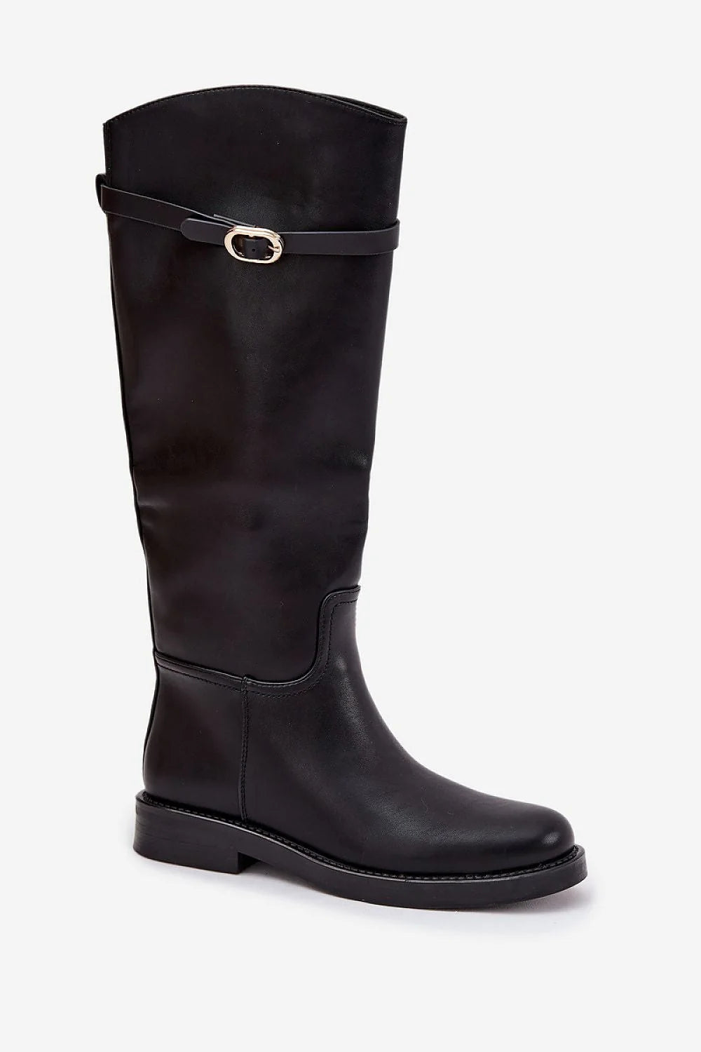 Close-up of the zipper and gold buckle on black thigh-high boots