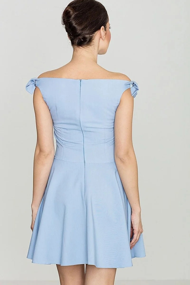 Light blue off-the-shoulder cocktail dress with a fitted waist and flared skirt, shown from the back.