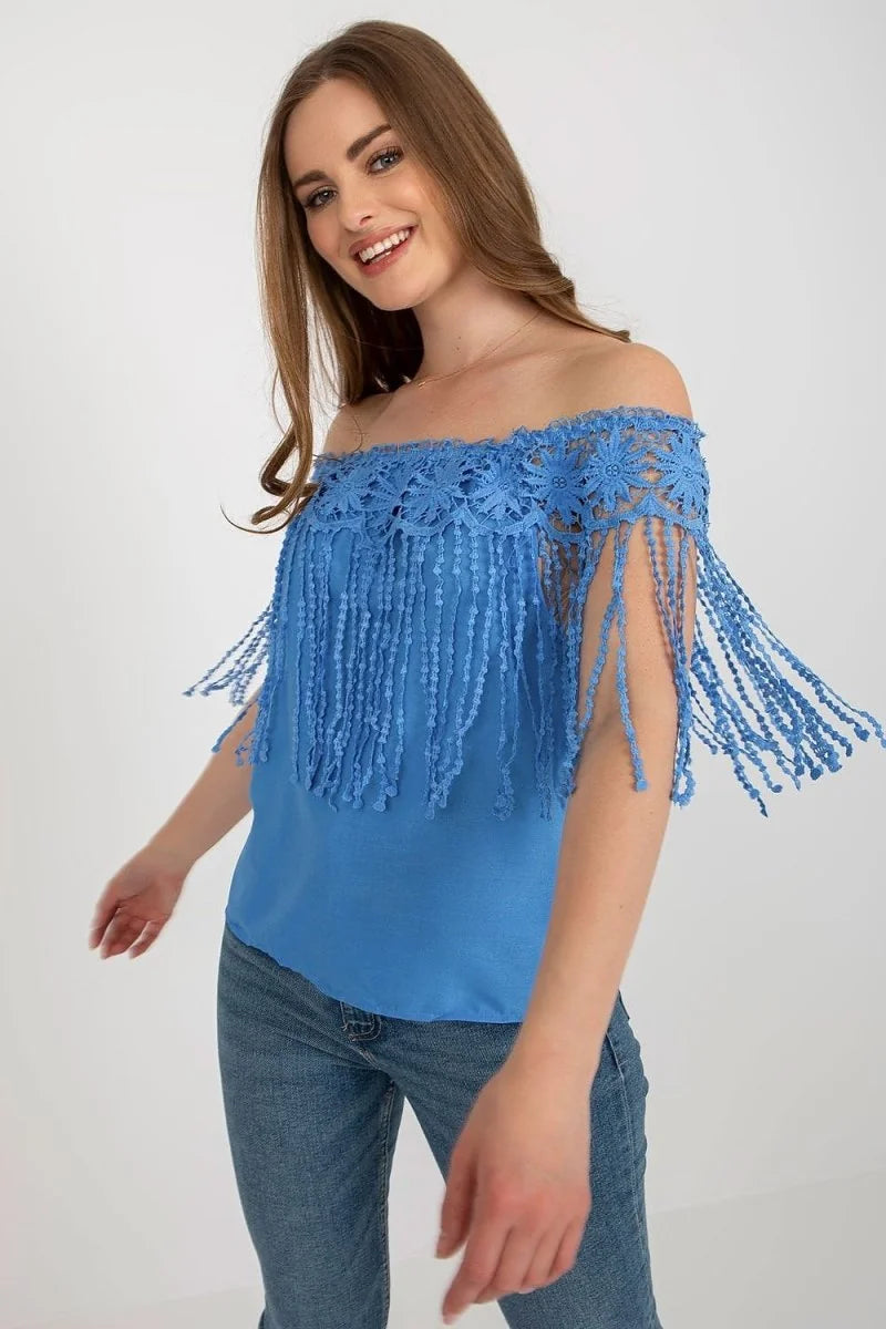 Beige blouse with Spanish neckline and lace trim