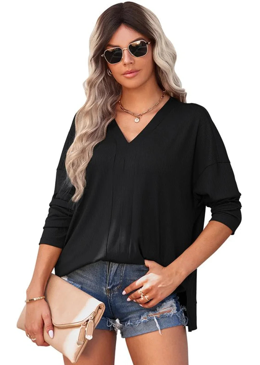 Women's yellow V-neck knit top