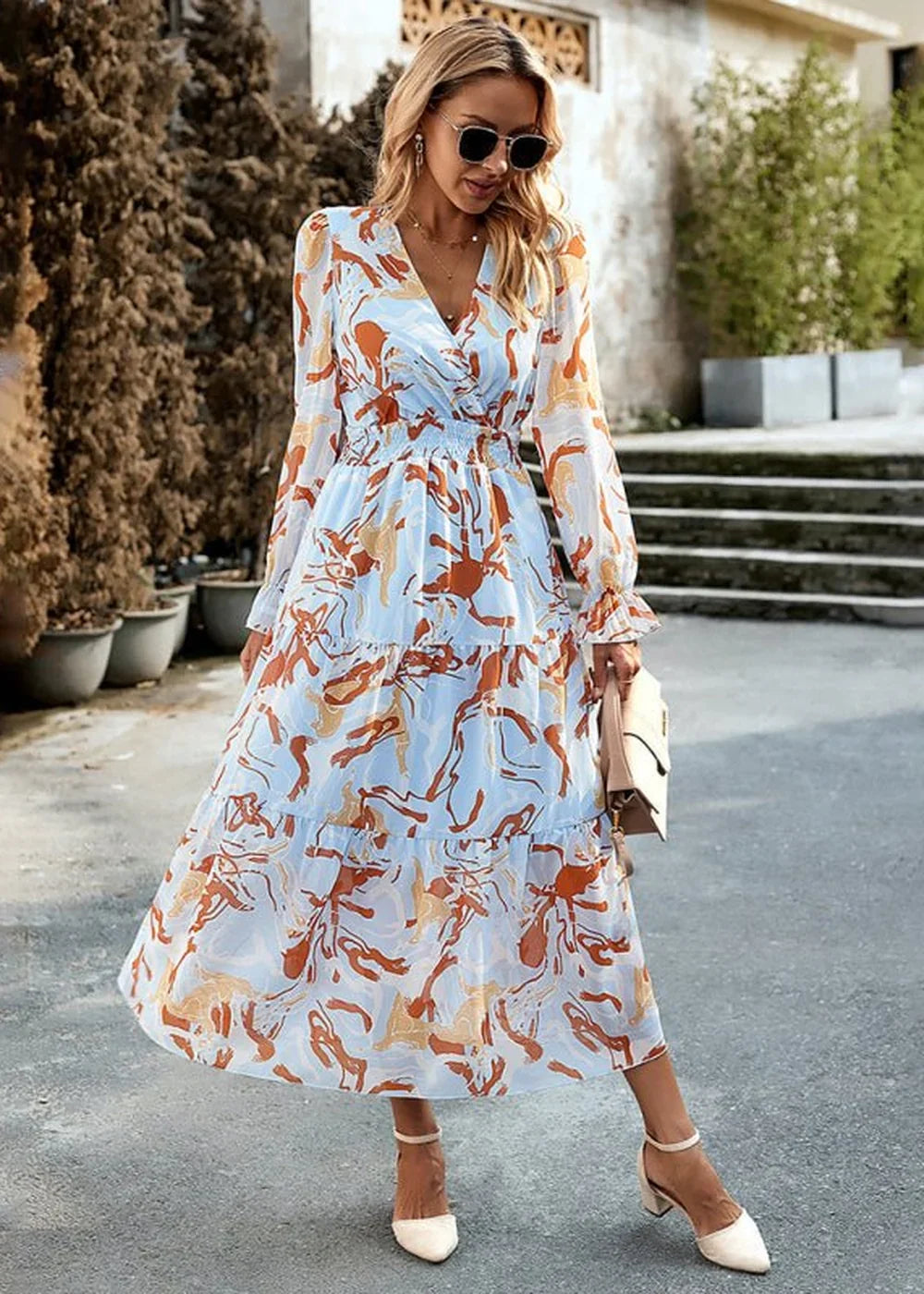 Clear blue printed V-neck vacation dress